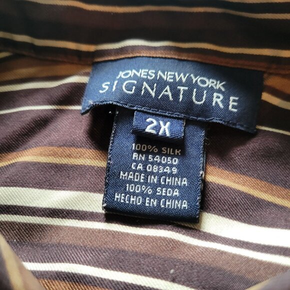 Jones New York Signature Brown & Beige Striped Silk Button-Up Blouse 2X - Picture 3 of 7